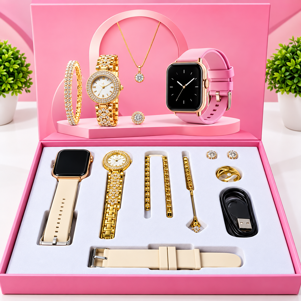 Luxury Women’s 2-in-1 Smart Watch & Jewelry Gift Set – Elegant Watch, Bracelet, Necklace & Earrings